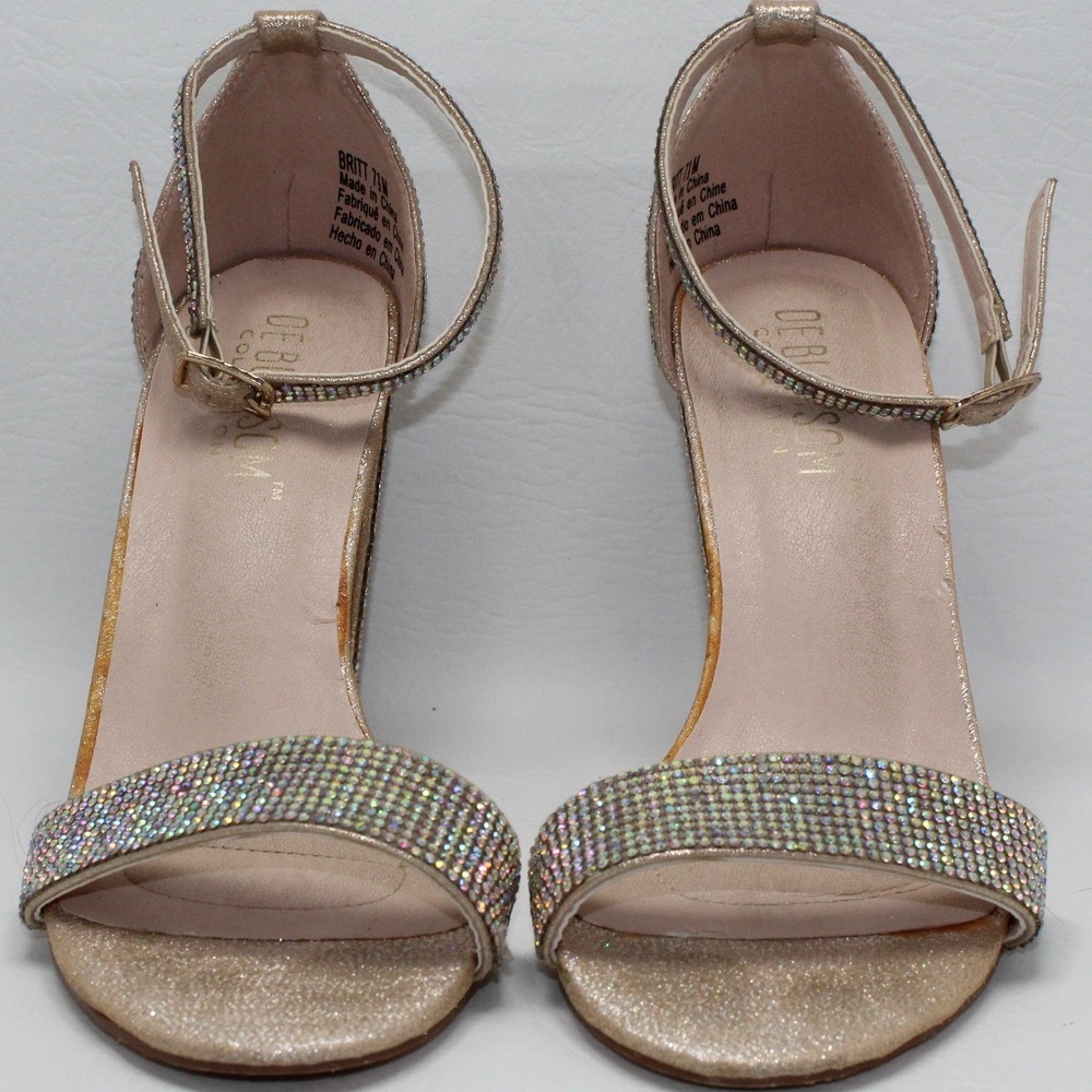 De Blossom Collection Britt Gold Iridescent Rhinestone Block Heel Sandals 7.5M